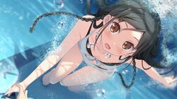  1girl bikini black_hair blush braid breasts brown_eyes cleavage game_cg highres kantoku koi_suru_kanojo_no_bukiyou_na_butai long_hair looking_at_viewer nanase_sena open_mouth pool solo_focus swimming swimsuit underwater 