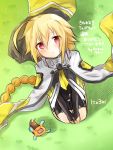  1girl blazblue blonde_hair blush bridal_gauntlets cape creature from_above lambda-11 long_hair looking_at_viewer red_eyes seiza sitting solo translation_request unitard 