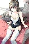  1girl bare_shoulders black_hair blush breasts hairband highres hunter.g kantai_collection long_hair nagato_(kantai_collection) panties red_eyes solo thigh-highs underwear 
