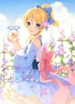  1girl 6u_(eternal_land) ayase_eli blonde_hair blue_eyes blue_sky bow clouds detached_sleeves earrings fish fishbowl floral_print flower goldfish hair_bow hair_flower hair_ornament japanese_clothes jewelry kimono long_sleeves looking_at_viewer love_live!_school_idol_project obi open_mouth ponytail sash sky smile solo wide_sleeves 