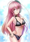  1girl alternate_costume bare_shoulders bikini black_bikini breasts hand_on_own_chest hata_no_kokoro long_hair looking_at_viewer mask parted_lips pink_eyes pink_hair sideboob solo swimsuit touhou under_boob y2 