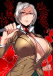  1girl angry breasts center_opening choker cleavage dfreak glasses highres large_breasts lips looking_at_viewer pointer prison_school red_eyes ribbon_choker school_uniform shiraki_meiko short_hair silver_hair solo sweat whip 