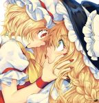  2girls blonde_hair commentary_request eye_contact flandre_scarlet hand_on_another&#039;s_cheek hand_on_another&#039;s_face hat iroyopon kirisame_marisa looking_at_another mob_cap multiple_girls red_eyes shocked_eyes touhou witch_hat yellow_eyes 