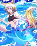  1girl animal_ears ass bare_shoulders barefoot blonde_hair fox_ears glasses lens_flare licking_lips ocean original solo swimsuit tail tongue tongue_out waves wokue yellow_eyes 
