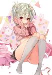  1girl artist_name ass blush crop_top green_hair grey_legwear kneehighs long_hair looking_at_viewer original panties pantyshot pantyshot_(sitting) pink_panties red_eyes ribbed_sweater side_ponytail sitting skirt sleeves_past_wrists solo sorolp sweater underwear 