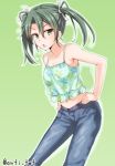  1girl alternate_costume anti_(untea9) casual collarbone denim green_background green_eyes green_hair hair_ribbon hands_on_hips highres jeans kantai_collection looking_at_viewer navel open_mouth pants ribbon simple_background solo twintails twitter_username zuikaku_(kantai_collection) 
