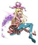  1girl :d american_flag_legwear american_flag_shirt ass blonde_hair clownpiece full_body hat highres looking_at_viewer mismatched_legwear nail_polish open_mouth pantyhose pink_eyes short_sleeves smile solo tongue tongue_out torch touhou w yaruku 