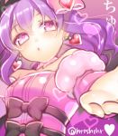  1girl avarita_(otoca_doll) black_bow bow earrings heart heart-shaped_pupils heart_earrings hitohira_(shiroringo48) jewelry lowres otoca_doll outstretched_hand pink_eyes purple_background purple_hair short_hair solo symbol-shaped_pupils twitter_username 
