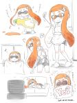  &gt;_&lt; 1girl apron bike_shorts blush closed_eyes dated dishwashing_soap domino_mask fangs hair_ornament hairclip inkling kanya_pyi ladle lying mask musical_note on_side orange_eyes orange_hair partially_colored pointy_ears sidelocks simple_background slippers smile splatoon television tentacle_hair vacuum_cleaner white_background window yes-no_pillow 