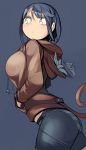  animal_ears bike_shorts blue_background blue_hair blush cat_ears cat_tail dutch_angle empty_eyes from_side green_eyes hands_in_pockets hoodie i_(deichi) leaning_forward looking_at_viewer navel original panties see-through simple_background striped striped_panties tail underwear 