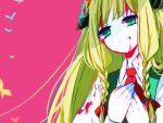  1girl artist_request bangs blonde_hair blood butterfly collared_shirt cynthia_(gensou_otome_no_okashi_na_kakurega) gensou_otome_no_okashi_na_kakurega green_eyes pink_background shadow shirt sidelocks simple_background solo 