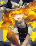  1girl ;d blonde_hair bow braid broom broom_riding grey_background hair_bow hair_ornament hat hat_ribbon highres kirisame_marisa long_hair looking_at_viewer lyiet one_eye_closed open_mouth puffy_sleeves ribbon shirt short_sleeves side_braid single_braid skirt smile solo star touhou turtleneck upper_body vest watermark web_address witch_hat yellow_eyes 