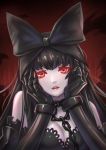  1girl black_bow black_hair bow breasts chain choker claws gothic_lolita hair_bow kaizeru kantai_collection large_breasts lolita_fashion long_hair looking_at_viewer parted_lips red_eyes seaplane_tender_hime shinkaisei-kan solo upper_body yandere_trance 