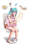 1girl aqua_hair blue_eyes chair food hatsune_miku long_hair new_balance pigeon-toed pillow pillow_hug popsicle shaded_face simple_background sitting solo stomach_growling sweat twintails vocaloid wavy_mouth white_background wokada 