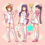  3girls black_hair blush brown_eyes brown_hair cardcaptor_sakura daidouji_tomoyo garter_straps green_eyes hands_in_pockets hat high_heels kero kinomoto_sakura li_meiling long_hair looking_at_viewer multiple_girls nurse nurse_cap open_mouth pop_kyun purple_hair scalpel short_hair smile star syringe thigh-highs twintails violet_eyes white_legwear zettai_ryouiki 