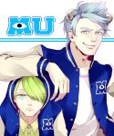  2boys blue_eyes blue_hair gashima411 green_hair hair_over_one_eye horns james_p._sullivan jersey michael_wazowski monsters_inc. monsters_university multiple_boys personification sharp_teeth short_hair smile younger 