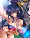  1girl ;o artist_name bare_shoulders blush breast_hold breasts cowboy_shot high_school_dxd highres hikarinogiri himejima_akeno large_breasts leaning_forward navel o-ring_bikini one_eye_closed outstretched_arm parted_lips ponytail purple_hair self_shot solo thighs violet_eyes 