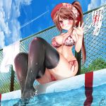  1girl bikini brown_hair chain-link_fence fence hat highres jotti long_hair original pointy_ears ponytail poolside red_eyes swimsuit thigh-highs translation_request waving 