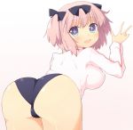  +_+ 1girl ass blue_eyes blush bow breasts buruma hair_bow hibari_(senran_kagura) highres large_breasts looking_at_viewer open_mouth pink_hair rinyan_suzu senran_kagura senran_kagura_(series) short_hair short_twintails solo symbol-shaped_pupils track_jacket twintails w 