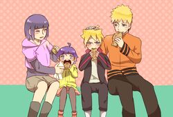  2boys 2girls artist_request bangs blunt_bangs blush eating facial_mark family father_and_daughter father_and_son food husband_and_wife hyuuga_hinata invisible_chair mother_and_daughter mother_and_son multiple_boys multiple_girls napkin naruto sitting taiyaki track_jacket uzumaki_boruto uzumaki_himawari uzumaki_naruto wagashi 