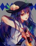  1girl blue_hair bow dress food fruit grey_background hat highres hinanawi_tenshi leaf long_hair looking_at_viewer lyiet open_mouth peach puffy_sleeves red_eyes short_sleeves solo sword_of_hisou touhou upper_body watermark web_address 