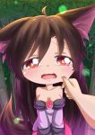  1girl absurdres ahoge animal_ears bamboo bamboo_forest blush breasts brooch brown_hair chibi cleavage collarbone dior-zi dress fang forest highres imaizumi_kagerou jewelry long_hair long_sleeves looking_at_viewer nature open_mouth red_eyes solo tail tears touhou wavy_mouth wolf_ears wolf_tail 