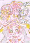  4girls :d arm_warmers belt blush bow choker clenched_hands closed_eyes color_trace dated earrings eyebrows eyelashes frills go!_princess_precure hair_ornament half_updo hand_on_own_face heart highres itaoka1 jewelry long_hair looking_at_viewer magical_girl midriff multiple_girls navel open_mouth partially_colored pointy_ears precure puffy_sleeves quad_tails ribbon sketch skirt sleeveless smile thick_eyebrows traditional_media very_long_hair white_background 