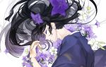  1boy androgynous bellflower black_hair blurry depth_of_field eyeshadow fingernails floating_hair flower holding inuyasha japanese_clothes kimono lily_(flower) long_fingernails long_hair lying makeup male_focus mumu2126 naraku pale_skin parted_lips solo yukata 