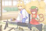  2girls ammunition_belt animal_ears blonde_hair bow breasts brown_hair bullet cat_ears cat_tail chen cube85 eating explosive fox_ears fox_tail grenade gun hat helmet m60 military mortar multiple_girls open_mouth short_hair smile surprised tail touhou weapon yakumo_ran 