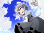  1girl :d animal_ears basket blue_sky blush capelet clouds cloudy_sky dress grey_hair jewelry long_sleeves mouse mouse_ears mouse_tail natsu_no_koucha nazrin necklace open_mouth red_eyes short_hair sky smile solo tail touhou 