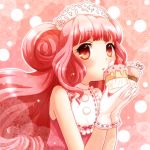  1girl cupcake food frills gloves gulico_(otoca_doll) hair_bun long_hair mashiro_(pixiv10823726) otoca_doll pink_background pink_hair red_eyes solo tiara white_gloves 