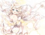  1girl :d angel blue_eyes blush bottle breasts curly_hair dress feathered_wings feathers gloves hair_ornament halo happy highres long_hair looking_at_viewer naka_akira open_mouth original smile white_dress white_gloves white_hair wings 