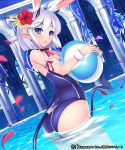  1girl animal_ears ass ass_cutout ball beachball blue_eyes blue_swimsuit breasts cleavage demon_tail earrings flower hair_flower hair_ornament horns indoor_pool indoors jewelry jpeg_artifacts looking_at_viewer mel/a open_mouth petals pointy_ears rabbit_ears shingeki_no_bahamut short_hair silver_hair small_breasts solo swimsuit tail wading wrist_cuffs 