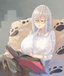  1girl absurdres book breasts glasses highres huge_breasts lips long_hair looking_down muneneko original parted_lips reading red_eyes silver_hair sitting solo 