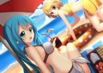  2girls :d absurdres all_fours aqua_eyes aqua_hair beach beach_towel beach_umbrella bikini bikini_skirt blonde_hair chestnut_mouth coca-cola drinking_straw dutch_angle food fruit hair_ornament hairband hairclip hatsune_miku highres horizon ice_cube innertube kagamine_rin looking_at_viewer multiple_girls ocean onamae-kun onigiri open_mouth side-tie_bikini sitting smile strawberry summer_idol_(vocaloid) swimsuit twintails vocaloid 