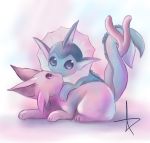  blue_eyes cuddling espeon fins kenneos looking_at_another no_humans pink_eyes pointy_ears pokemon pokemon_(creature) signature split_tail tail_fin vaporeon 