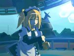  1girl animated animated_gif apron ball blonde_hair bomb building cosmic_break crying fallen_down falling frills hair_ornament long_hair maid maid_apron maid_headdress monica_gold necktie satellite_dish sky tagme tears tree wallet 