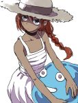  1girl braid dark_skin dress hat original redhead simple_background slime sun_hat violet_eyes white_background white_dress yamamoto_souichirou 