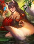  1girl ahri animal_ears ass bell black_hair bottomless butterfly butterfly_on_hand detached_sleeves eyeshadow fox_ears fox_tail hair_between_eyes league_of_legends lips lipstick long_hair makeup multiple_tails nose obi partially_submerged sash sitting solo tail wet yang_fan yellow_eyes 