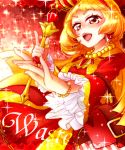  1girl blonde_hair blush bracelet character_name crown dress earrings jewelry long_hair mutsuki_uto necklace open_mouth otoca_doll red_background red_dress red_eyes ring scepter smile solo waste_(otoca_doll) 