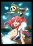  1girl :d boat breasts cleavage collarbone crossover duskull flower ghost hair_bobbles hair_ornament haji_(hajiko) large_breasts letterboxed onozuka_komachi open_mouth pokemon pokemon_(creature) red_eyes redhead river scythe short_hair short_sleeves smile spider_lily spirit touhou twintails 