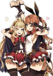  2girls ;q arched_back arm_up armpits asanagi ass asymmetrical_docking black_gloves black_legwear blonde_hair blue_eyes book bow breast_press breasts brown_hair cagliostro_(granblue_fantasy) clarisse_(granblue_fantasy) gloves granblue_fantasy green_eyes hair_bow highres long_hair looking_at_viewer multiple_girls no_panties one_eye_closed ponytail sideboob simple_background smile star thigh-highs tiara tongue tongue_out v very_long_hair vial white_background 