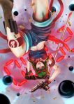  :d alnico_ism boots breasts brown_gloves buttons cartridge_case countdown denim denim_shorts dual_wielding elbow_gloves gloves goggles green_hair gumi gun handgun highres looking_at_viewer mismatched_gloves open_mouth pistol shorts sleeveless smile sword tank_top upside-down vocaloid weapon 