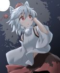  1girl :o adjusting_hair animal_ears belly_peek blush detached_sleeves hand_on_own_head hat inubashiri_momiji looking_afar moon natsu_no_koucha navel night pom_pom_(clothes) red_eyes short_hair skirt small_breasts solo tokin_hat touhou white_hair wolf_ears 