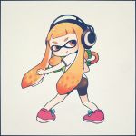  1girl ayu_(mog) bangs bike_shorts domino_mask from_behind full_body inkling lowres mask orange_hair pigeon-toed revision simple_background smile solo splatoon standing super_soaker 