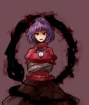  1girl breast_hold brown_background crossed_arms looking_at_viewer masa_(neku) open_mouth puffy_sleeves purple_hair red_eyes shadow simple_background sketch skirt snake solo standing tagme touhou upper_body yasaka_kanako 