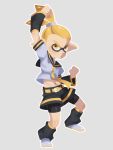  1boy arm_warmers belt bike_shorts bike_shorts_under_shorts blonde_hair commentary_request domino_mask hairband inkling kagamine_len kagamine_len_(cosplay) leg_warmers male_focus mask nappooz navel necktie outline pointy_ears sailor_collar sepia_background short_sleeves shorts simple_background solo splatoon stomach tentacle_hair vocaloid white_outline yellow_eyes 