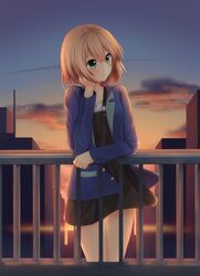  1girl absurdres aqua_eyes black_dress blonde_hair blue_jacket blush building dress fence hand_on_own_cheek highres jacket light_rays miyamori_aoi onamae-kun open_clothes open_jacket shirobako smile sunset thigh_gap thighs 