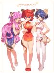  3girls :d animal_ears arm_on_shoulder bare_legs bell blue_hair bow braid breasts brown_eyes cat_ears cat_tail china_dress chinese_clothes cleavage_cutout double_bun fang full_body hair_bell hair_bow hair_ornament highres kemonomimi_mode large_breasts long_hair looking_at_viewer multiple_girls open_mouth paw_pose purple_hair ranma-chan ranma_1/2 redhead seoji shampoo_(ranma_1/2) short_hair side_slit sidelocks simple_background single_braid slippers smile tail tendou_akane thigh-highs very_long_hair violet_eyes white_background white_legwear 