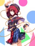  1girl bracelet chain collar hat hecatia_lapislazuli hemogurobin_a1c jewelry looking_at_viewer open_mouth red_eyes redhead shirt skirt smile solo touhou 